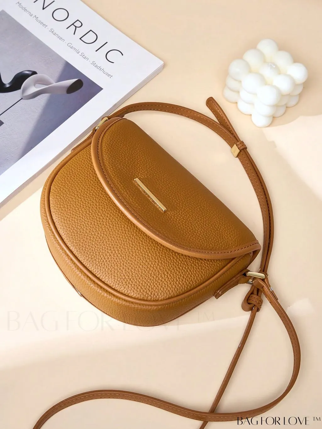 BagForLove - Embossed Genuine Leather Mini Flap Saddle Bag with Metal Decor