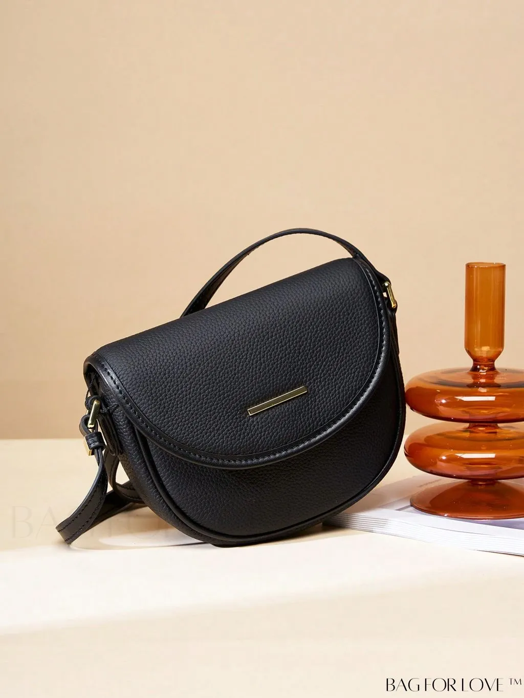 BagForLove - Embossed Genuine Leather Mini Flap Saddle Bag with Metal Decor