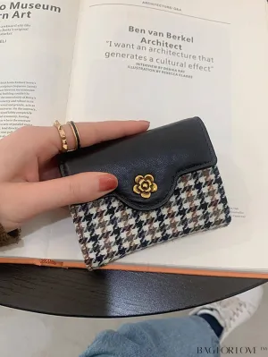 BagForLove - Fashionable PU Card Holder with Houndstooth Pattern and Flower Decor