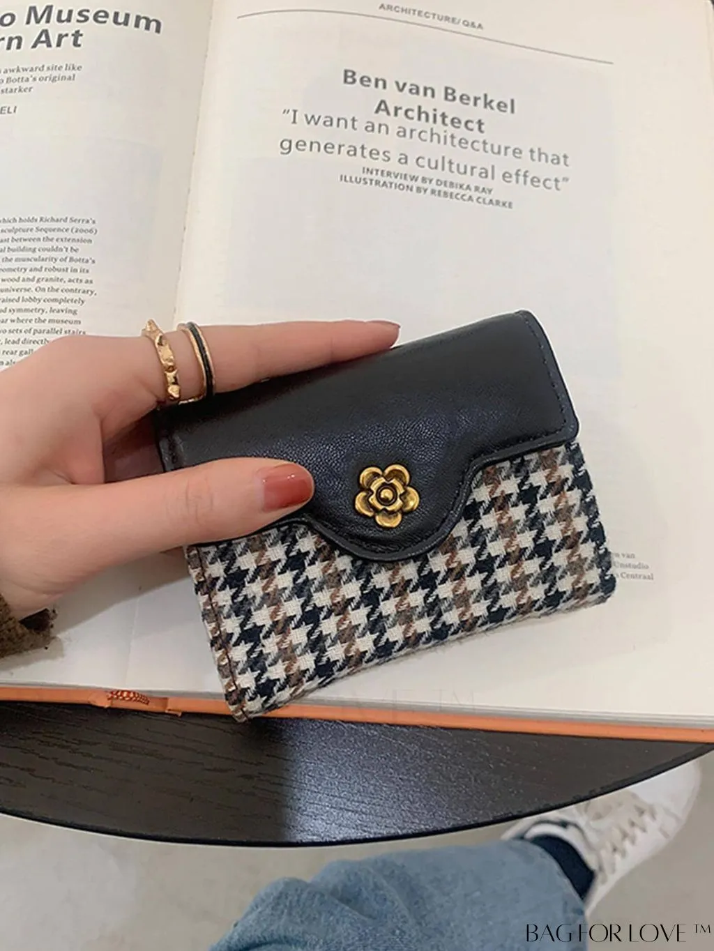 BagForLove - Houndstooth Floral PU Card Holder - Timeless Elegance and Fashionable Design