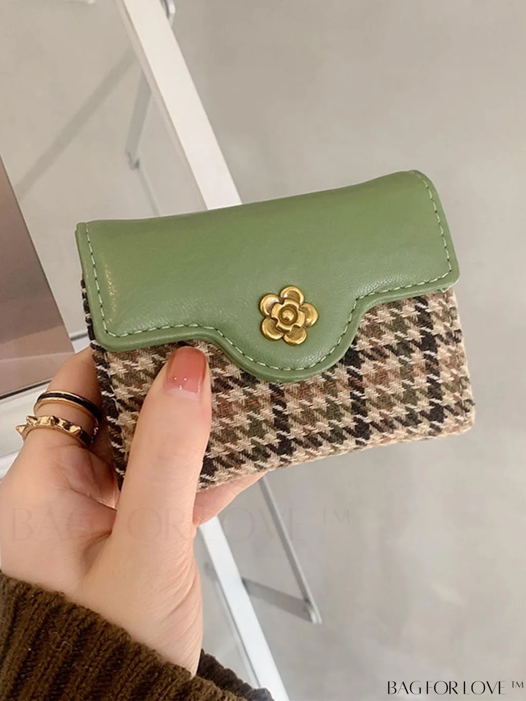 BagForLove - Houndstooth Floral PU Card Holder - Timeless Elegance and Fashionable Design