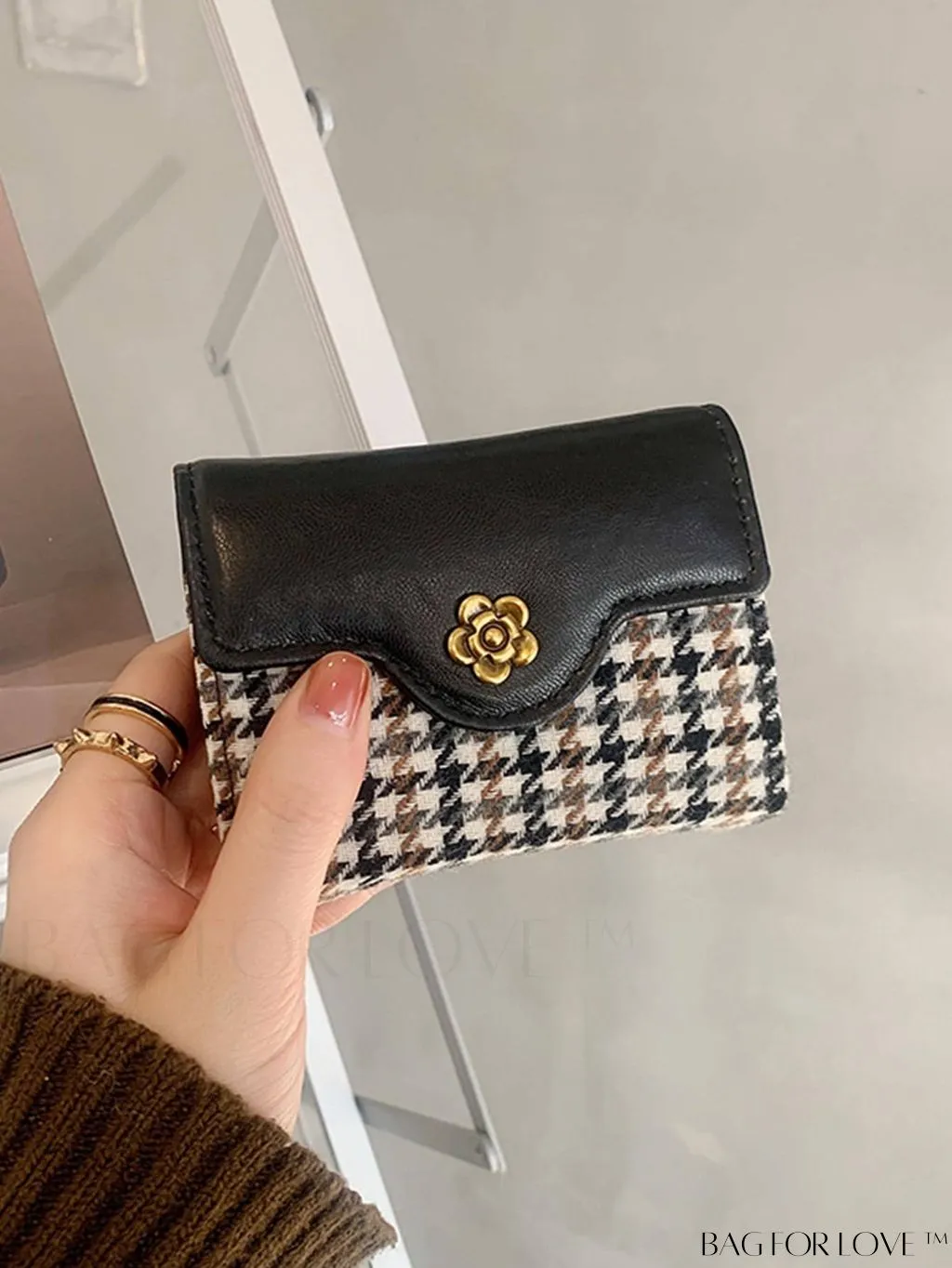 BagForLove - Houndstooth Floral PU Card Holder - Timeless Elegance and Fashionable Design