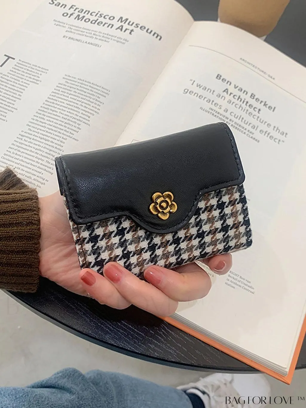BagForLove - Houndstooth Floral PU Card Holder - Timeless Elegance and Fashionable Design