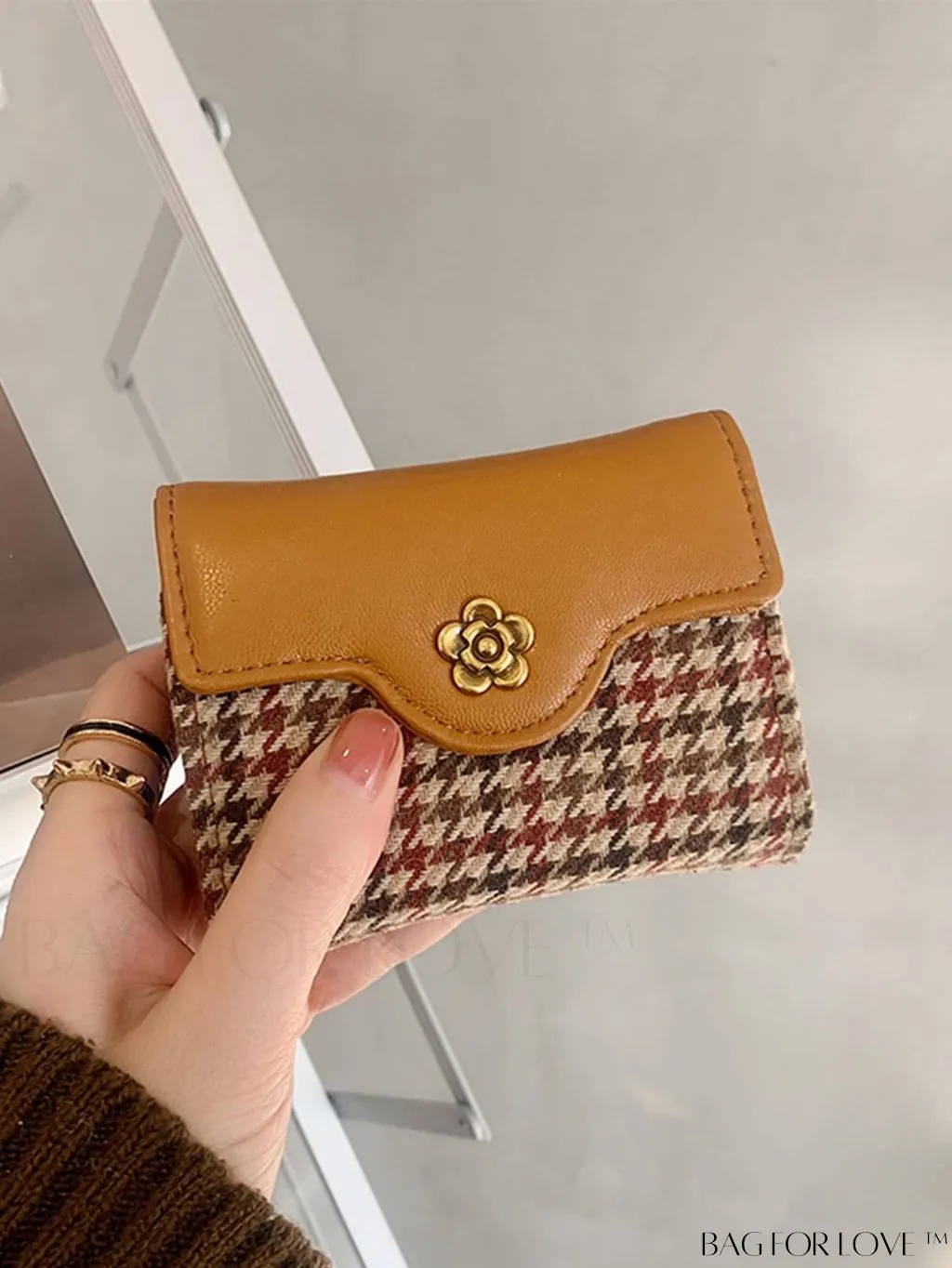 BagForLove - Houndstooth Floral PU Card Holder - Timeless Elegance and Fashionable Design