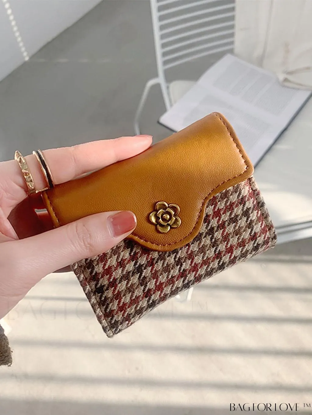 BagForLove - Houndstooth Floral PU Card Holder - Timeless Elegance and Fashionable Design