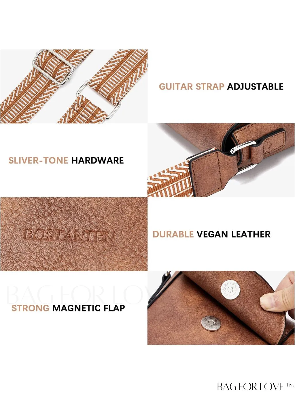BagForLove - Trendy Leather Crossbody Bags with Adjustable Guitar Strap for Women, by BOSTANTEN