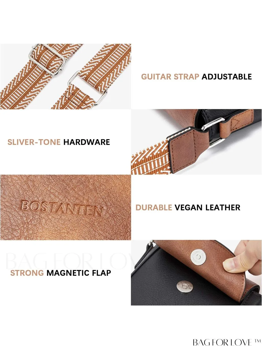 BagForLove - Trendy Leather Crossbody Bags with Adjustable Guitar Strap for Women, by BOSTANTEN