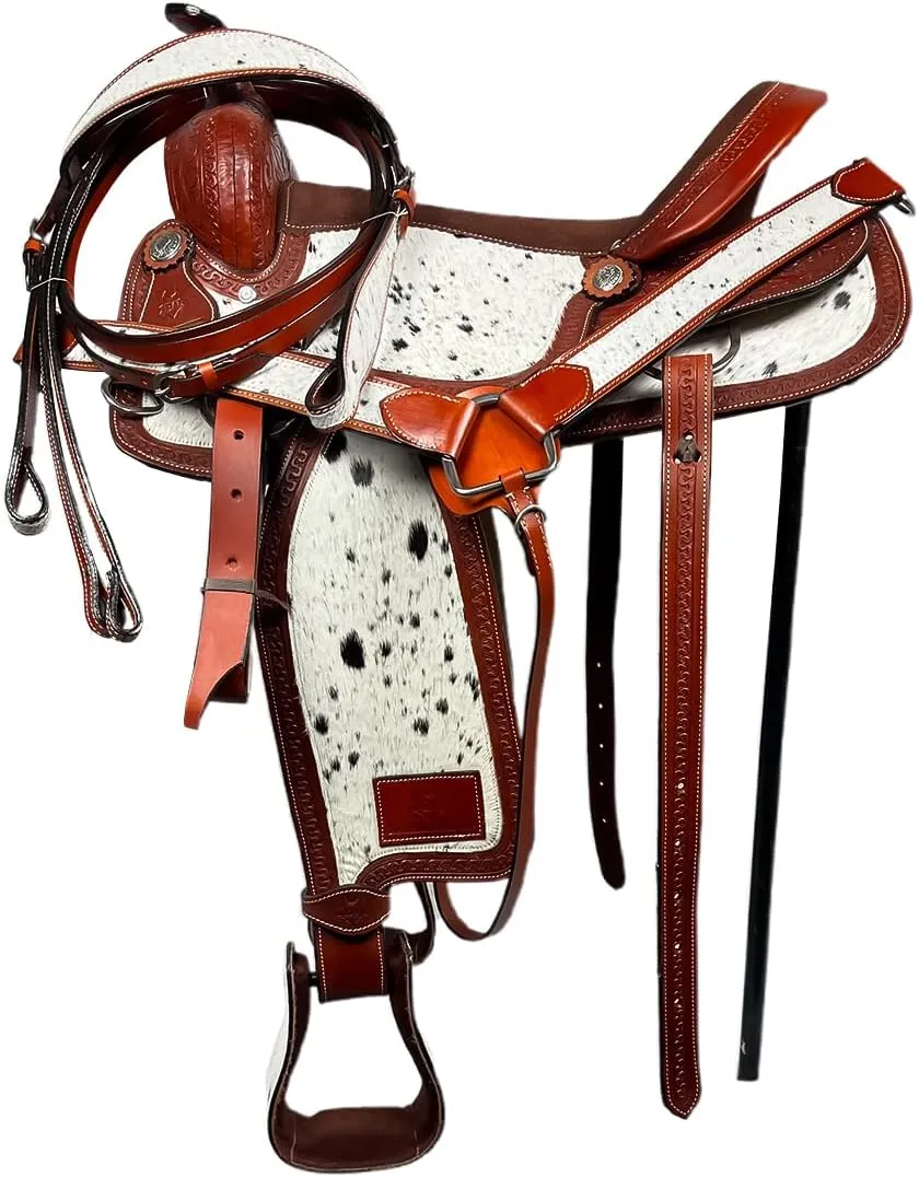 Barrel Brown Western Horse Trail Saddle Set Tooled Leather Horse Saddle with Headstall, Breast Collar, Reins Rodeo Cowboy Pleasure Riding Cowhide Comfortable Ride –Sizes 8 10 12 14 15 16 17