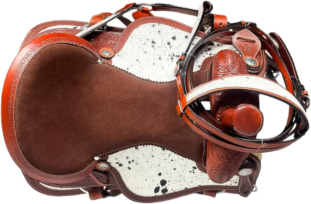 Barrel Brown Western Horse Trail Saddle Set Tooled Leather Horse Saddle with Headstall, Breast Collar, Reins Rodeo Cowboy Pleasure Riding Cowhide Comfortable Ride –Sizes 8 10 12 14 15 16 17