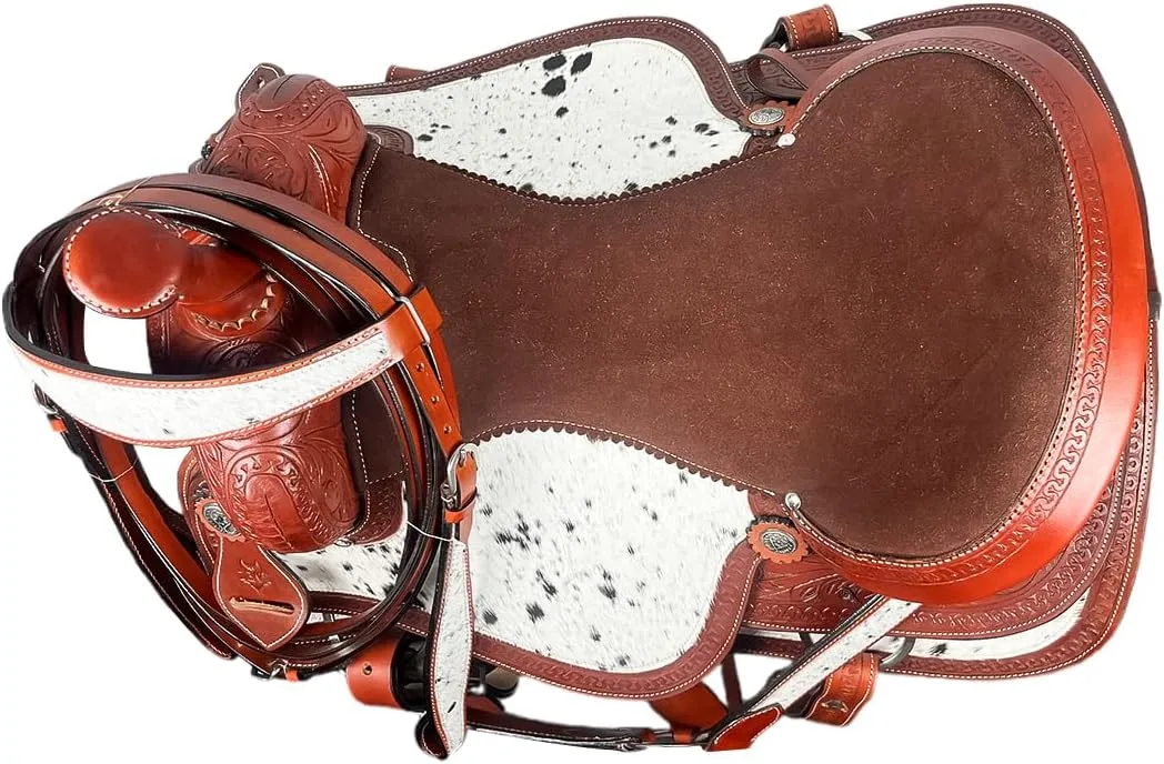 Barrel Brown Western Horse Trail Saddle Set Tooled Leather Horse Saddle with Headstall, Breast Collar, Reins Rodeo Cowboy Pleasure Riding Cowhide Comfortable Ride –Sizes 8 10 12 14 15 16 17
