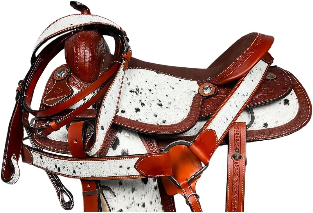 Barrel Brown Western Horse Trail Saddle Set Tooled Leather Horse Saddle with Headstall, Breast Collar, Reins Rodeo Cowboy Pleasure Riding Cowhide Comfortable Ride –Sizes 8 10 12 14 15 16 17