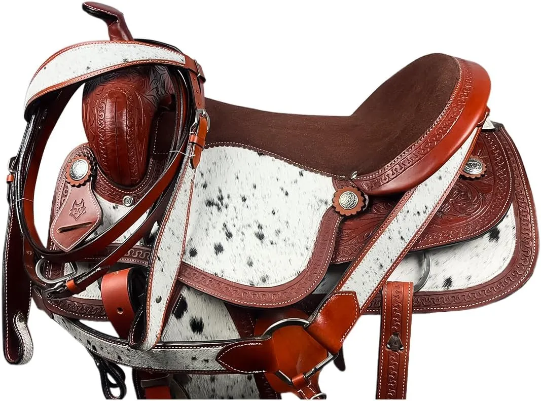 Barrel Brown Western Horse Trail Saddle Set Tooled Leather Horse Saddle with Headstall, Breast Collar, Reins Rodeo Cowboy Pleasure Riding Cowhide Comfortable Ride –Sizes 8 10 12 14 15 16 17