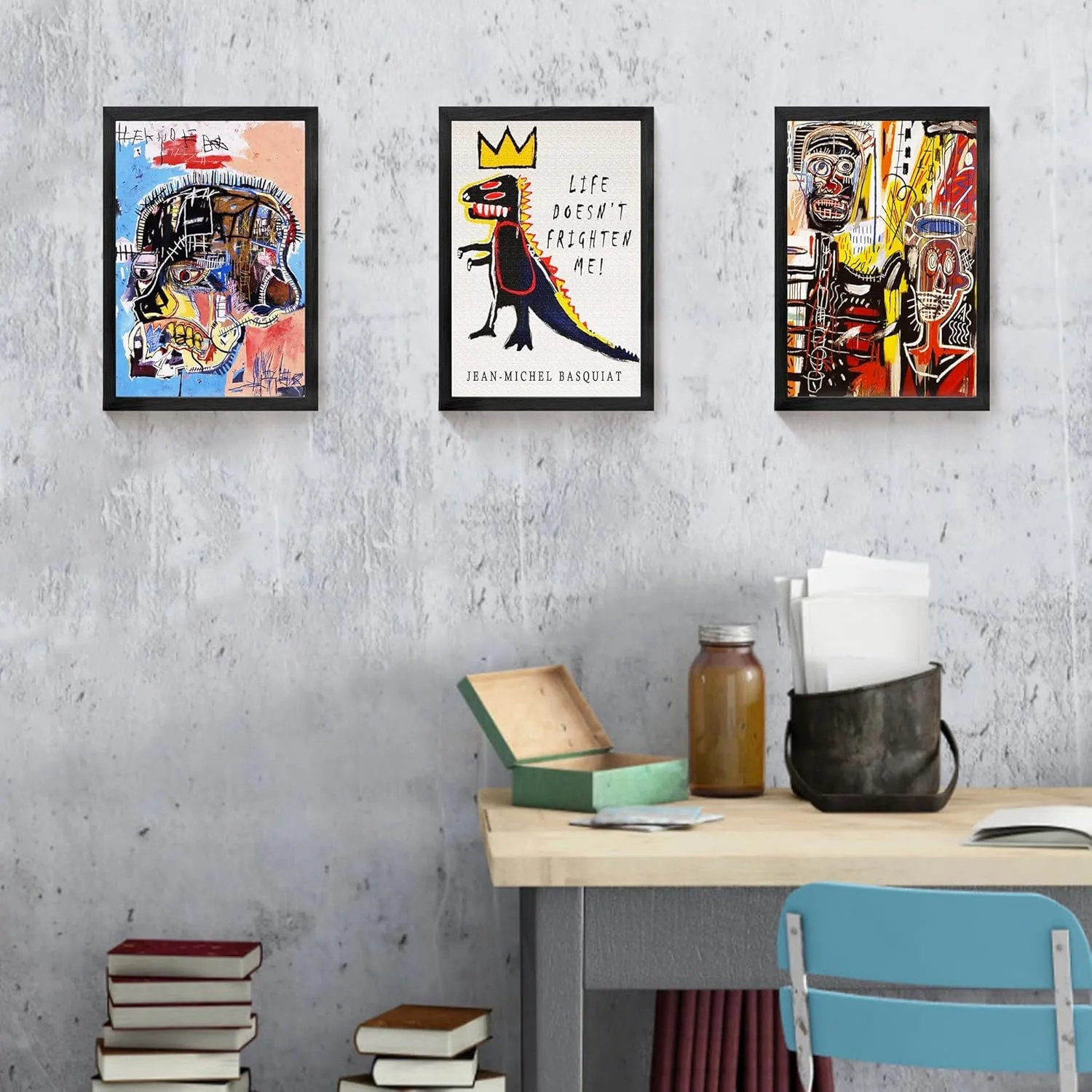 Basquait Wall Art, Framed Basquiat Graffiti Canvas Wall Art Jean Michel Basquiat Street Art Print for Living Room (12x16in, Set of 3)