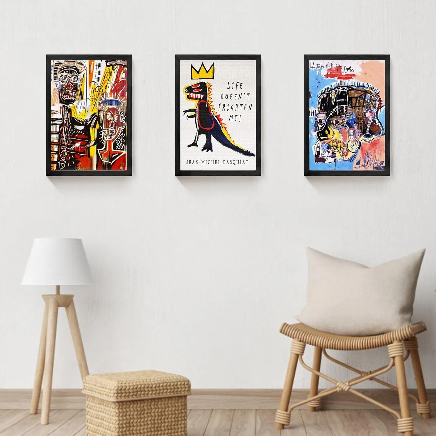 Basquait Wall Art, Framed Basquiat Graffiti Canvas Wall Art Jean Michel Basquiat Street Art Print for Living Room (12x16in, Set of 3)