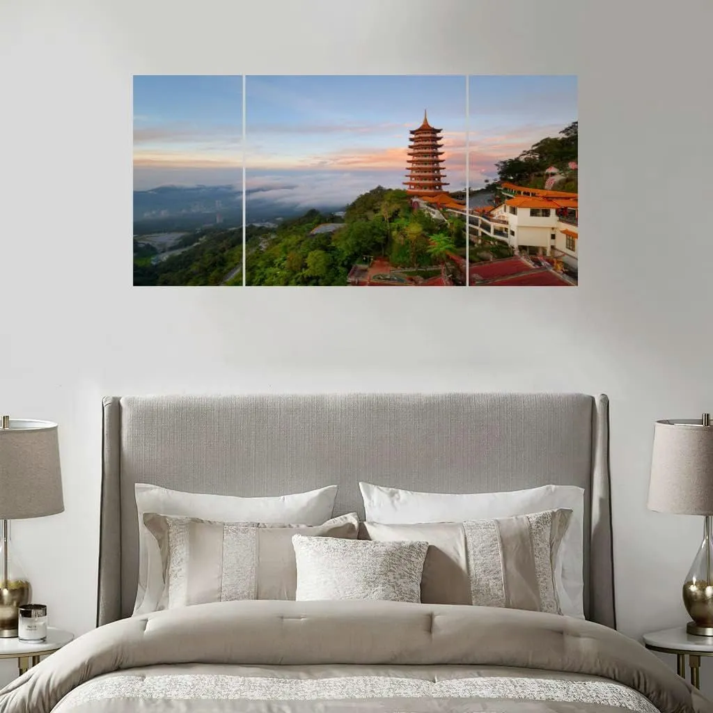 Beautiful sunrise view at the chinese Chin Swee Caves Temple Genting H Large Wall Art Decor Canvas Wall Art Paintings Pictures for Bedroom Above Bed Living Room Decoration Office Artwork 3 Piece