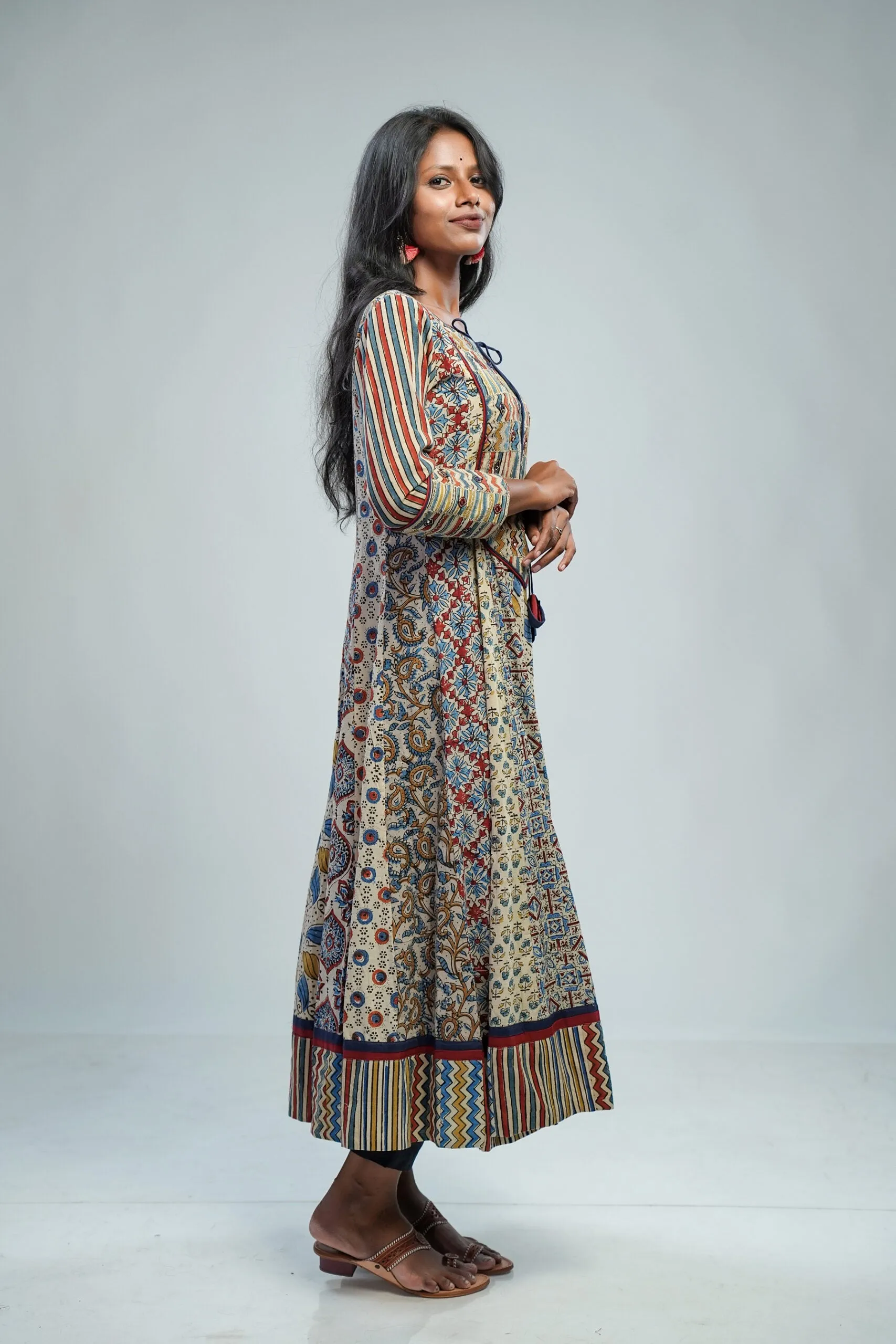 Beige Ajrakh Anarkali with Patch Yoke