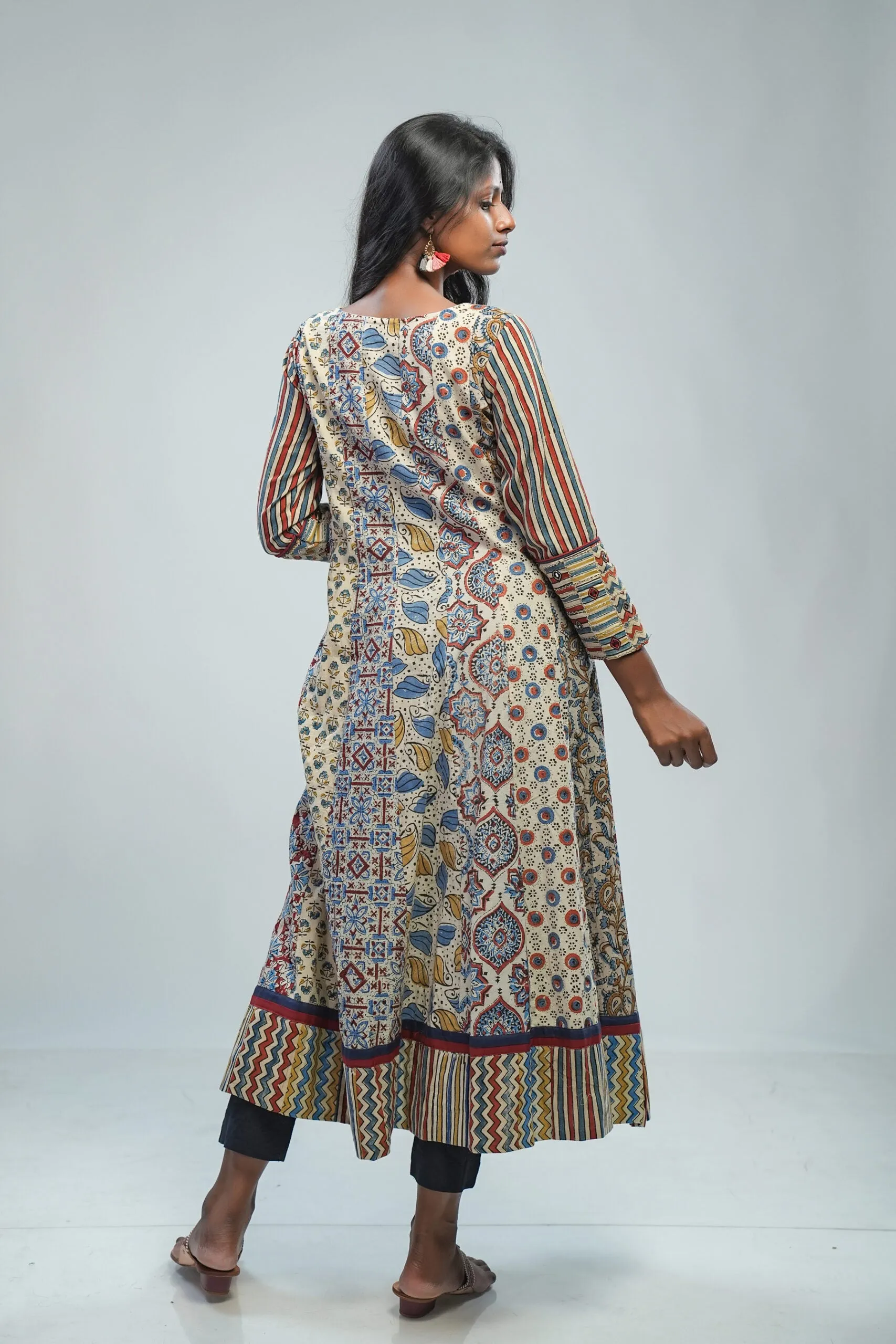 Beige Ajrakh Anarkali with Patch Yoke