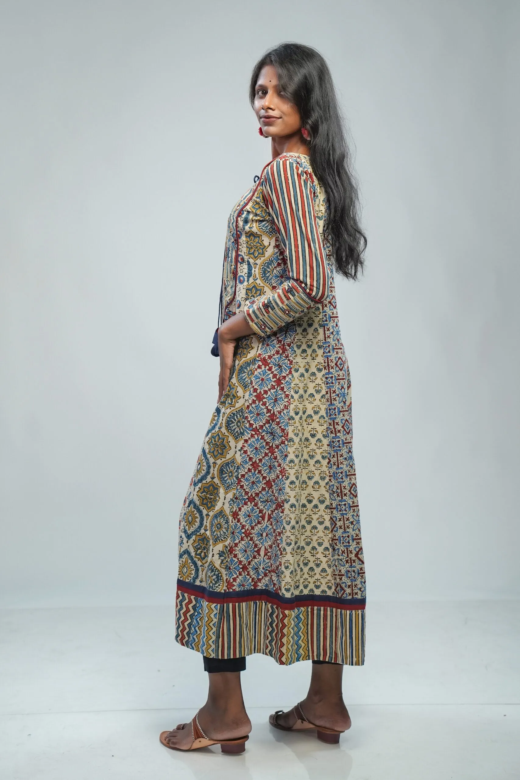 Beige Ajrakh Anarkali with Patch Yoke