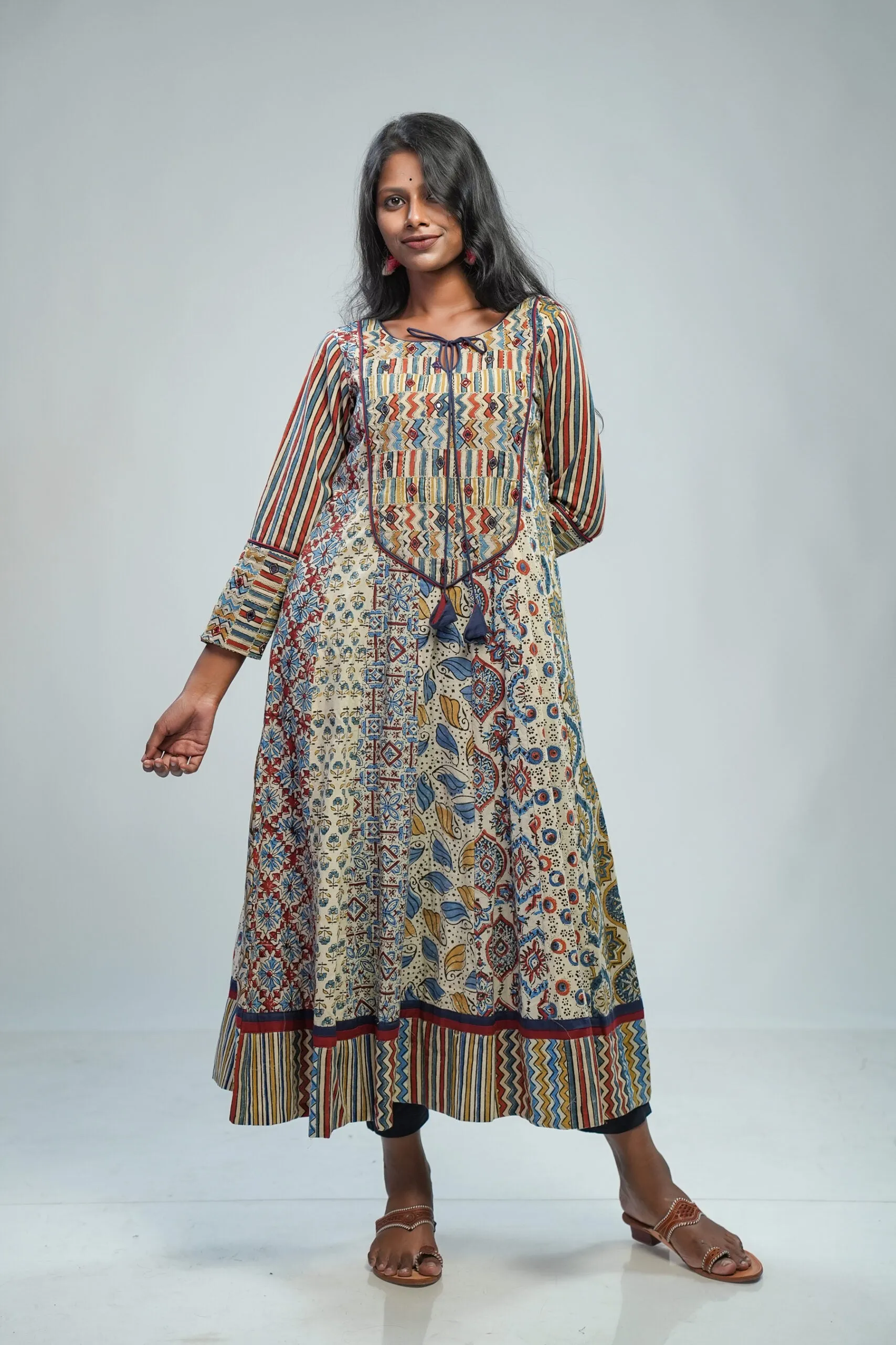 Beige Ajrakh Anarkali with Patch Yoke