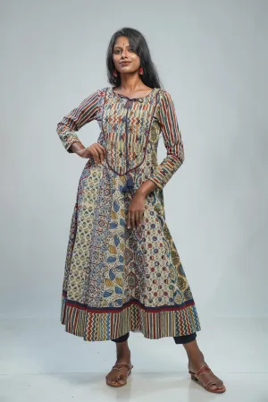 Beige Ajrakh Anarkali with Patch Yoke