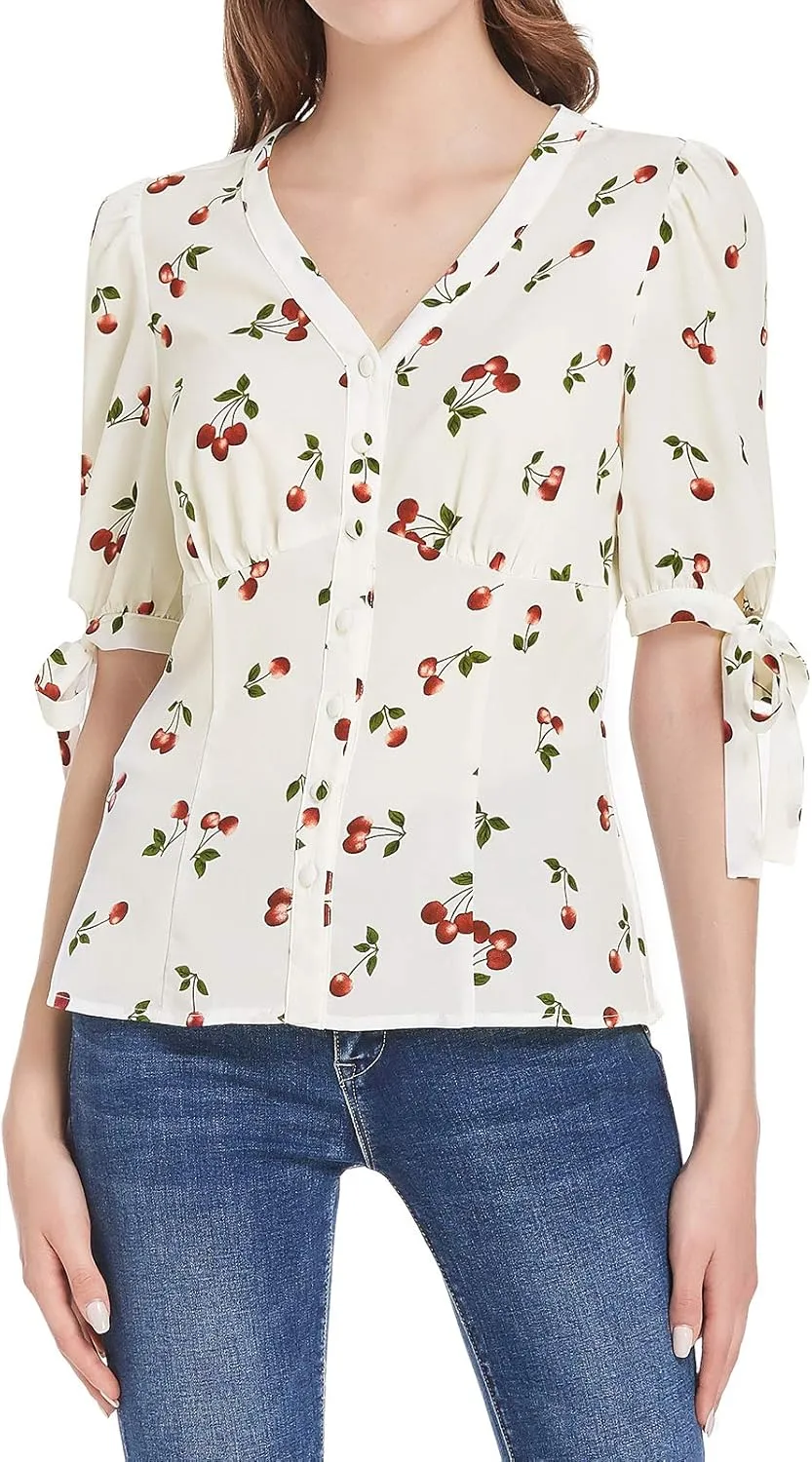 Belle Poque Women's V Neck Puff Sleeve Blouse Vintage Shirts for Women 1950s