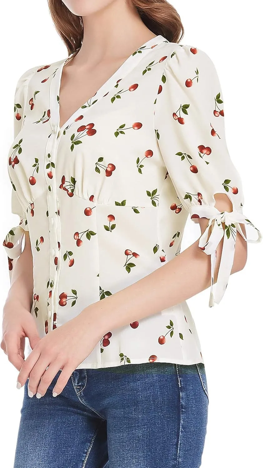 Belle Poque Women's V Neck Puff Sleeve Blouse Vintage Shirts for Women 1950s