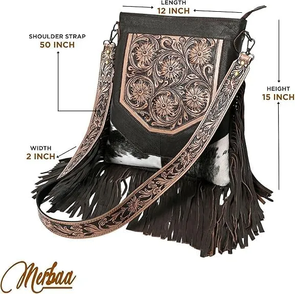 Berlin hand-carved Fringed Shoulder Bag Natural Cowhide Hand Bag with Floral Hand Tooling
