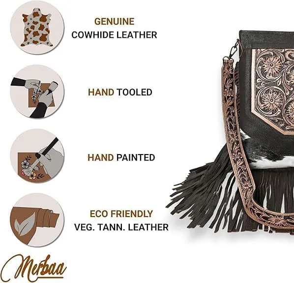 Berlin hand-carved Fringed Shoulder Bag Natural Cowhide Hand Bag with Floral Hand Tooling
