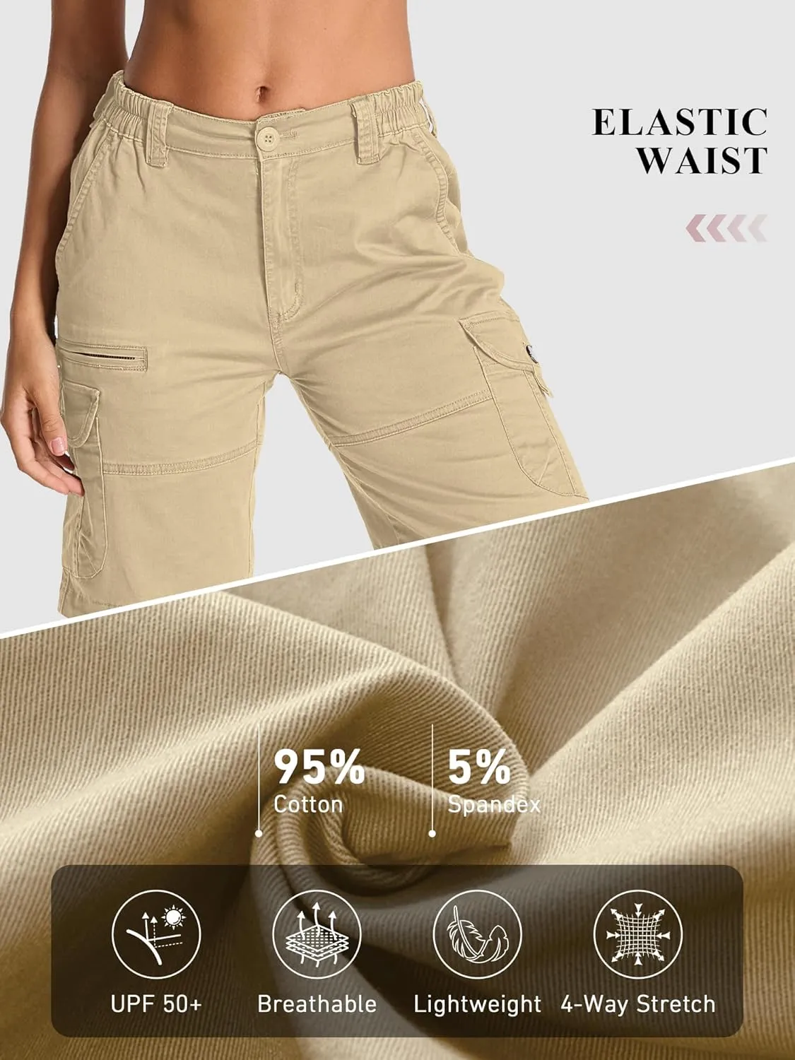 Bermuda Womens Cargo Shorts Lightweight Cotton Casual Hiking Shorts Multi-Pockets Elastic Waist