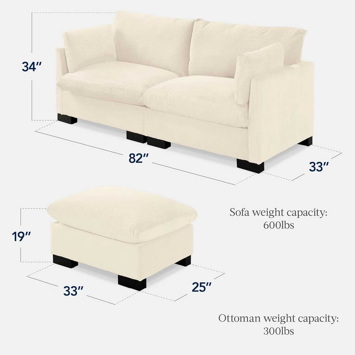 Best Choice Products 82in Modular Pillowtop Loveseat Sofa, Deep Seat Sectional Couch w/Ottoman & Storage, Comfy, Washable, Real Wood Frame and Legs – Ivory