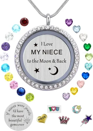 Best Gifts for Niece Aunt, Floating Living Memory Locket Necklace Pendant with Charm & Birthstone for Women