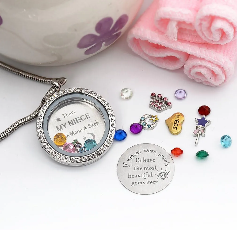 Best Gifts for Niece Aunt, Floating Living Memory Locket Necklace Pendant with Charm & Birthstone for Women