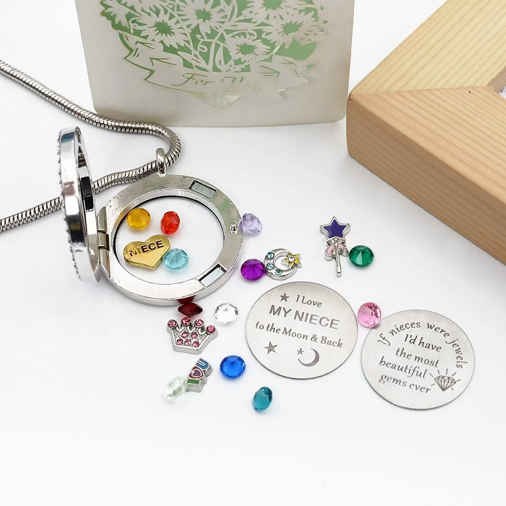 Best Gifts for Niece Aunt, Floating Living Memory Locket Necklace Pendant with Charm & Birthstone for Women