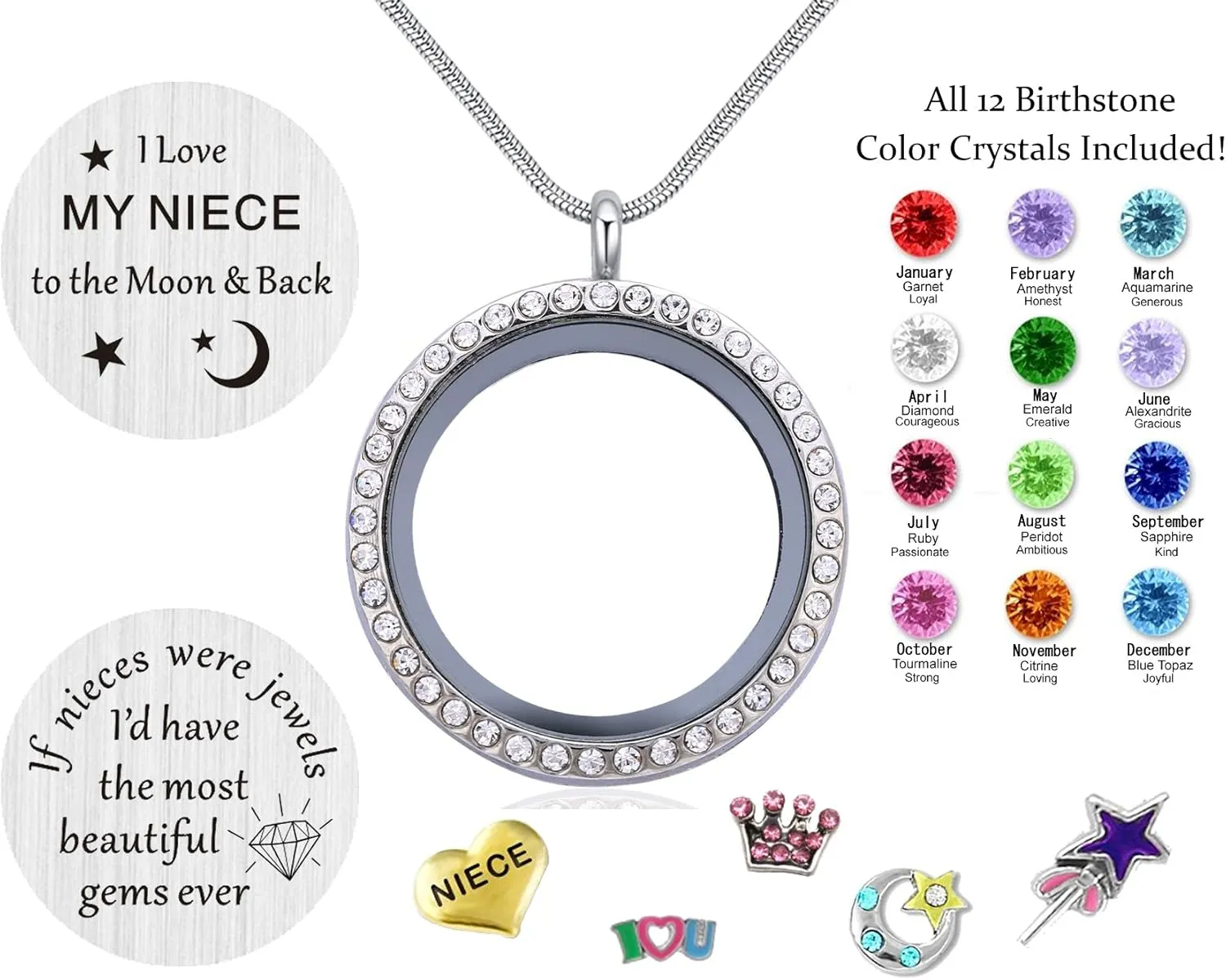 Best Gifts for Niece Aunt, Floating Living Memory Locket Necklace Pendant with Charm & Birthstone for Women