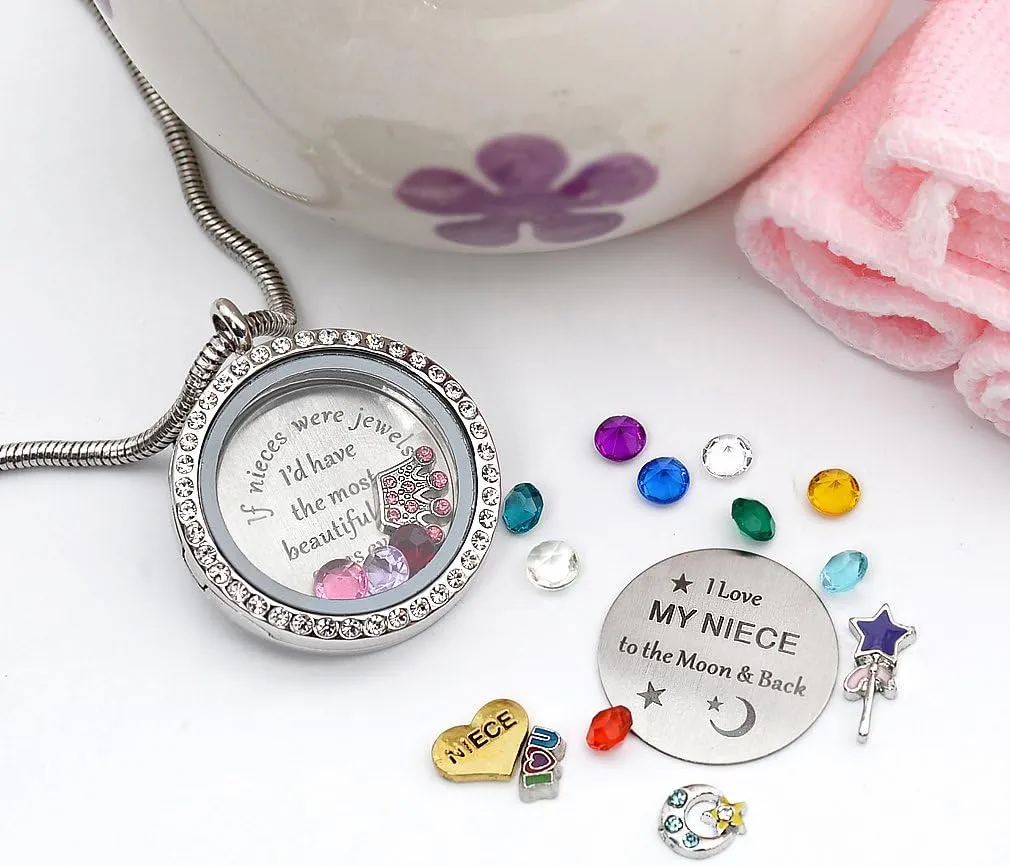 Best Gifts for Niece Aunt, Floating Living Memory Locket Necklace Pendant with Charm & Birthstone for Women
