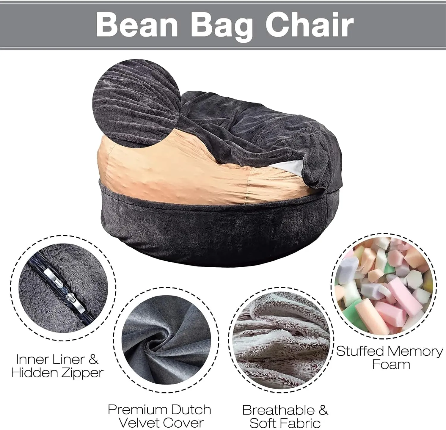 Big Huge Giant Bean Bag Chair Cover for Adults, (No Filler) Machine Washable Covers Bean Bag Chairs in Multiple Sizes and Colors Giant Foam-Filled Furniture Filled Furniture (5FT,Light Gray)