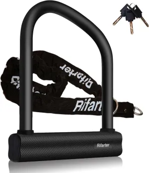 Bike Locks Heavy Duty Anti Theft, 18mm Thick Motorcycle Wheel U Lock with 6mm x 4FT Chain, Large U Shaped Motorcycle Chain Lock with 3 Keys for Bicycles, Mopeds, Scooter, Ebike, Fat-Tire