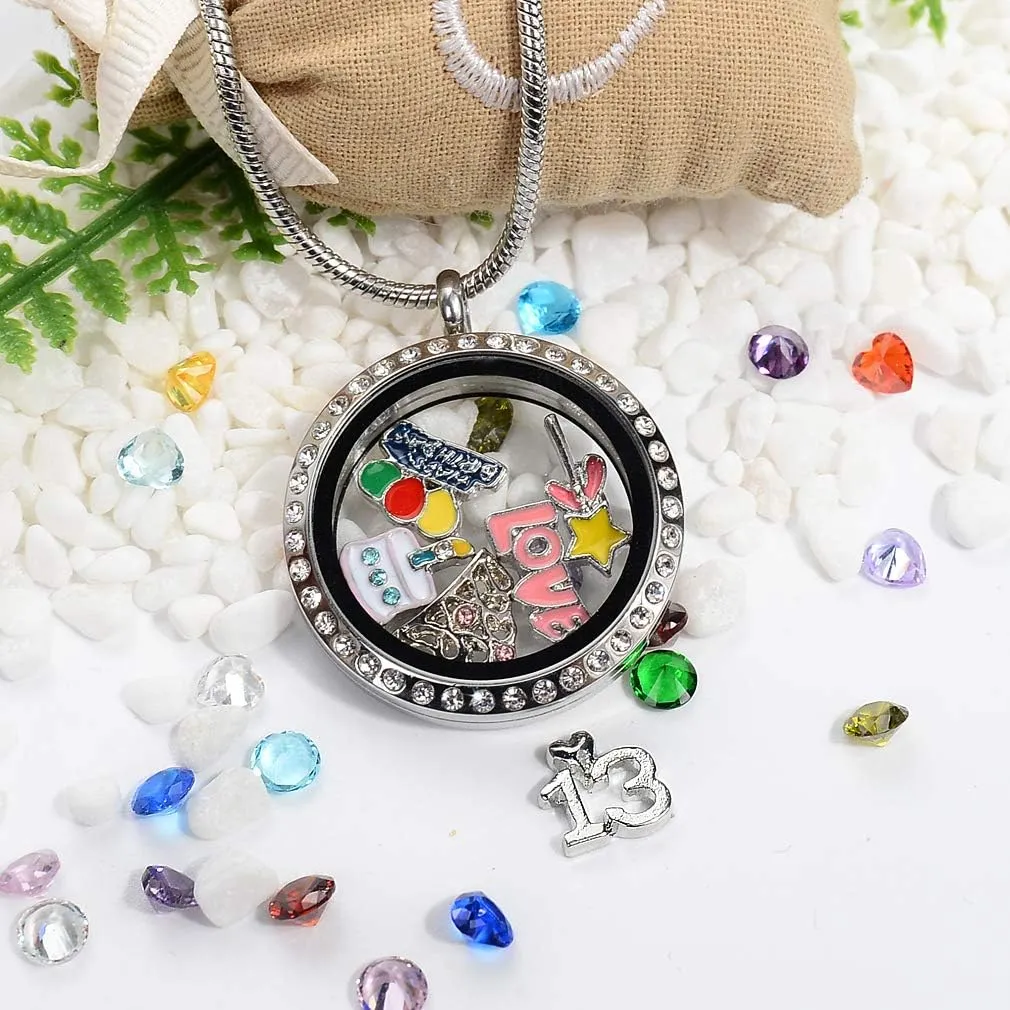 Birthday Gifts for Her, Floating Living Memory Locket Necklace Pendant with Charms & Birthstones for 6th 7th 8th 9th 10th 11th 12th 13th 14th 15th Sweet 16 18th 21st 30th