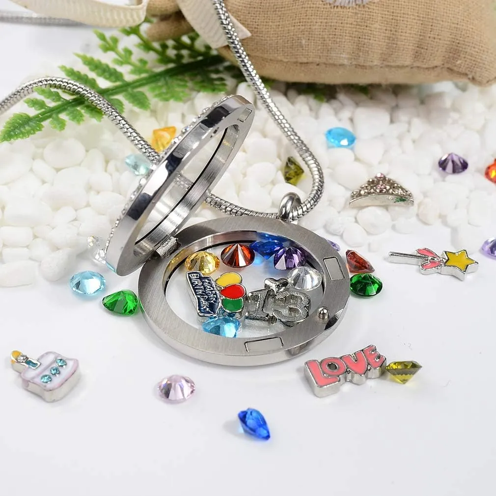Birthday Gifts for Her, Floating Living Memory Locket Necklace Pendant with Charms & Birthstones for 6th 7th 8th 9th 10th 11th 12th 13th 14th 15th Sweet 16 18th 21st 30th