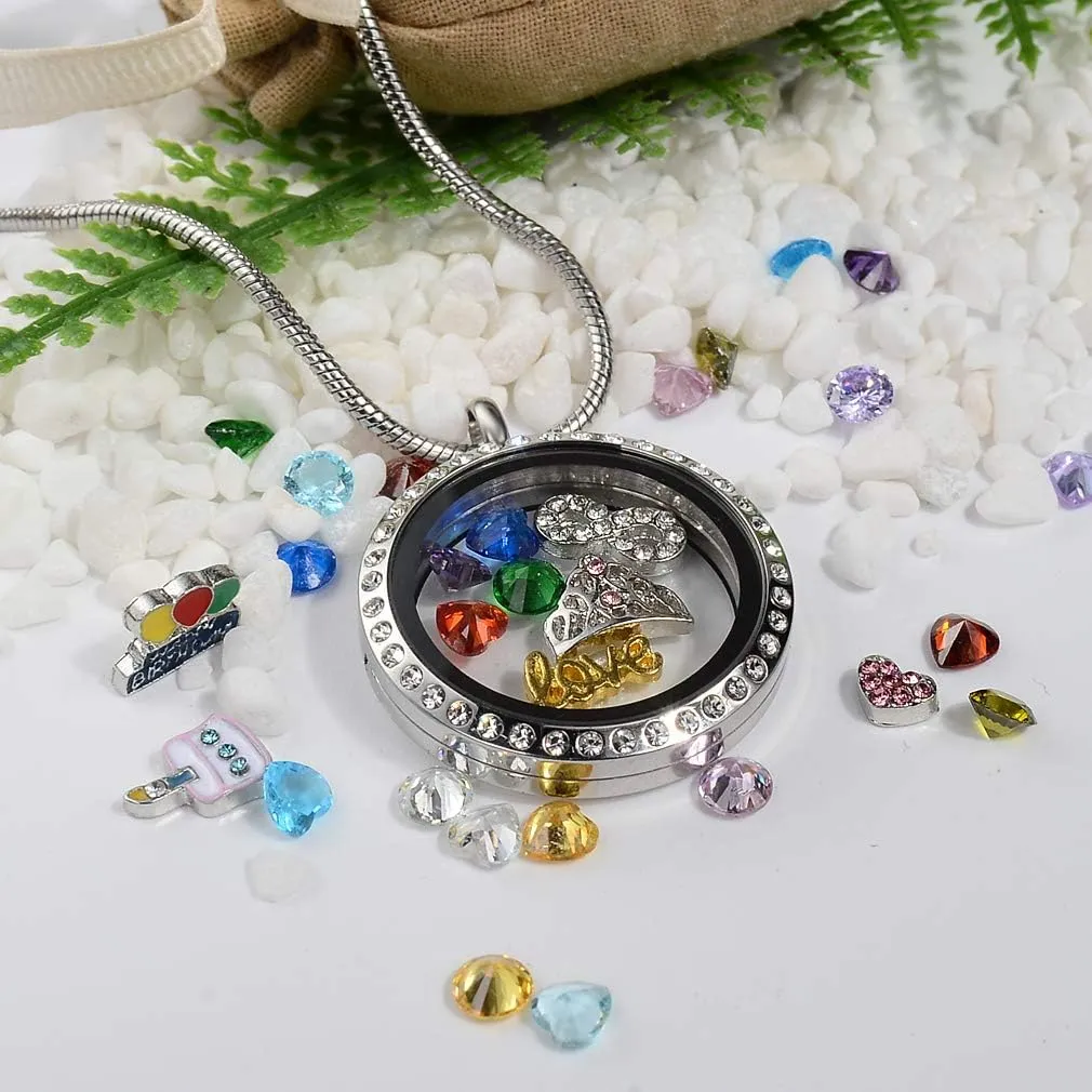 Birthday Gifts for Her, Floating Living Memory Locket Necklace Pendant with Charms & Birthstones for 6th 7th 8th 9th 10th 11th 12th 13th 14th 15th Sweet 16 18th 21st 30th