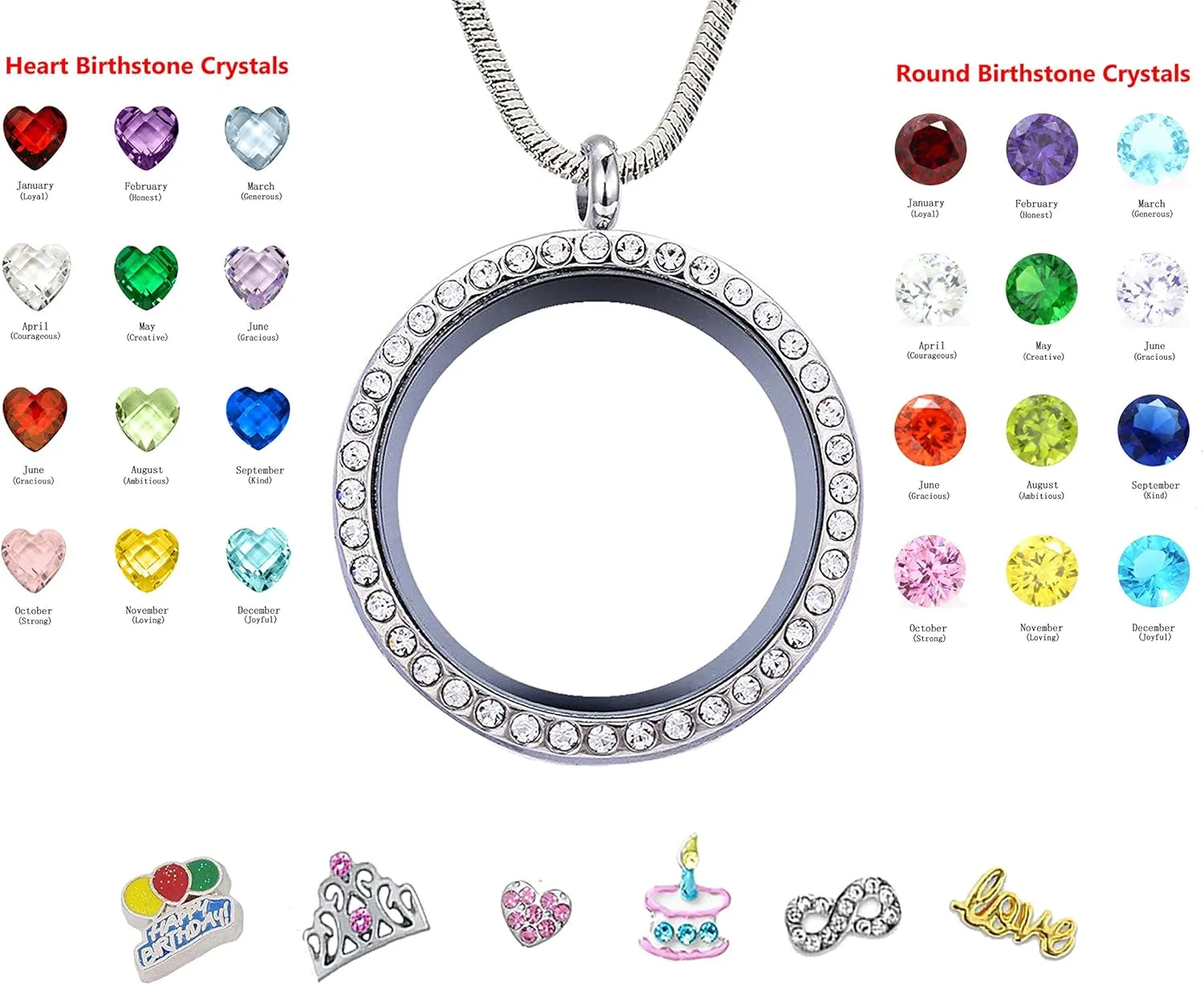 Birthday Gifts for Her, Floating Living Memory Locket Necklace Pendant with Charms & Birthstones for 6th 7th 8th 9th 10th 11th 12th 13th 14th 15th Sweet 16 18th 21st 30th