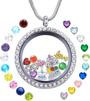 Birthday Gifts for Her, Floating Living Memory Locket Necklace Pendant with Charms & Birthstones for 6th 7th 8th 9th 10th 11th 12th 13th 14th 15th Sweet 16 18th 21st 30th