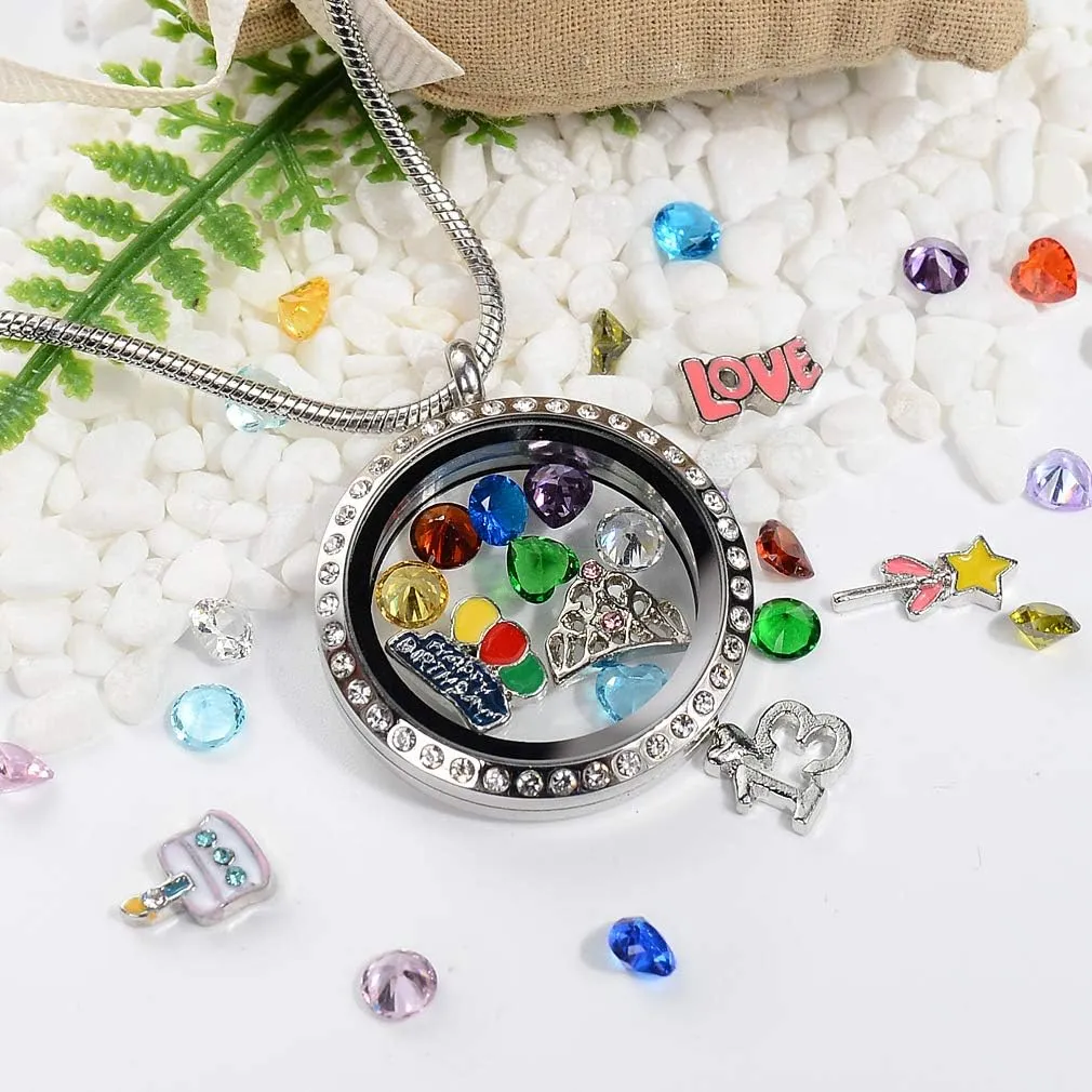Birthday Gifts for Her, Floating Living Memory Locket Necklace Pendant with Charms & Birthstones for 6th 7th 8th 9th 10th 11th 12th 13th 14th 15th Sweet 16 18th 21st 30th