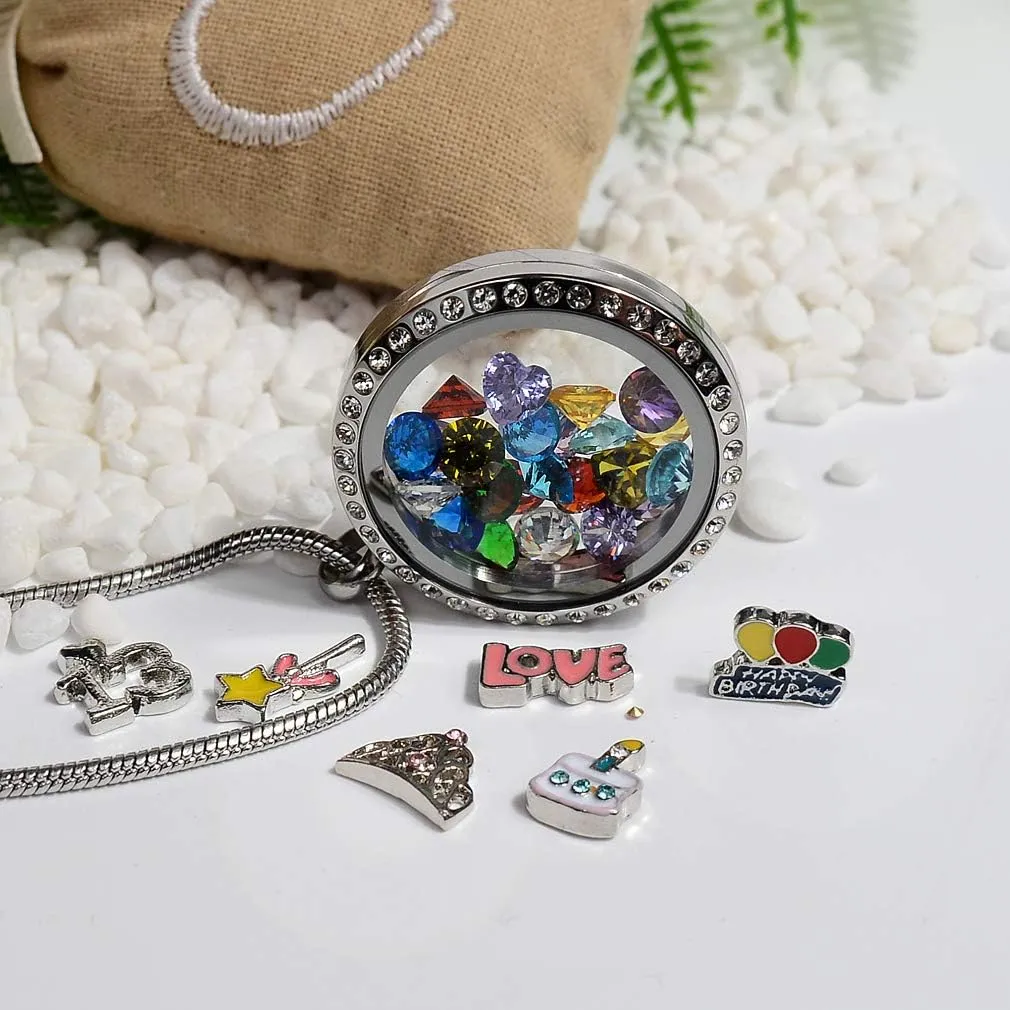 Birthday Gifts for Her, Floating Living Memory Locket Necklace Pendant with Charms & Birthstones for 6th 7th 8th 9th 10th 11th 12th 13th 14th 15th Sweet 16 18th 21st 30th