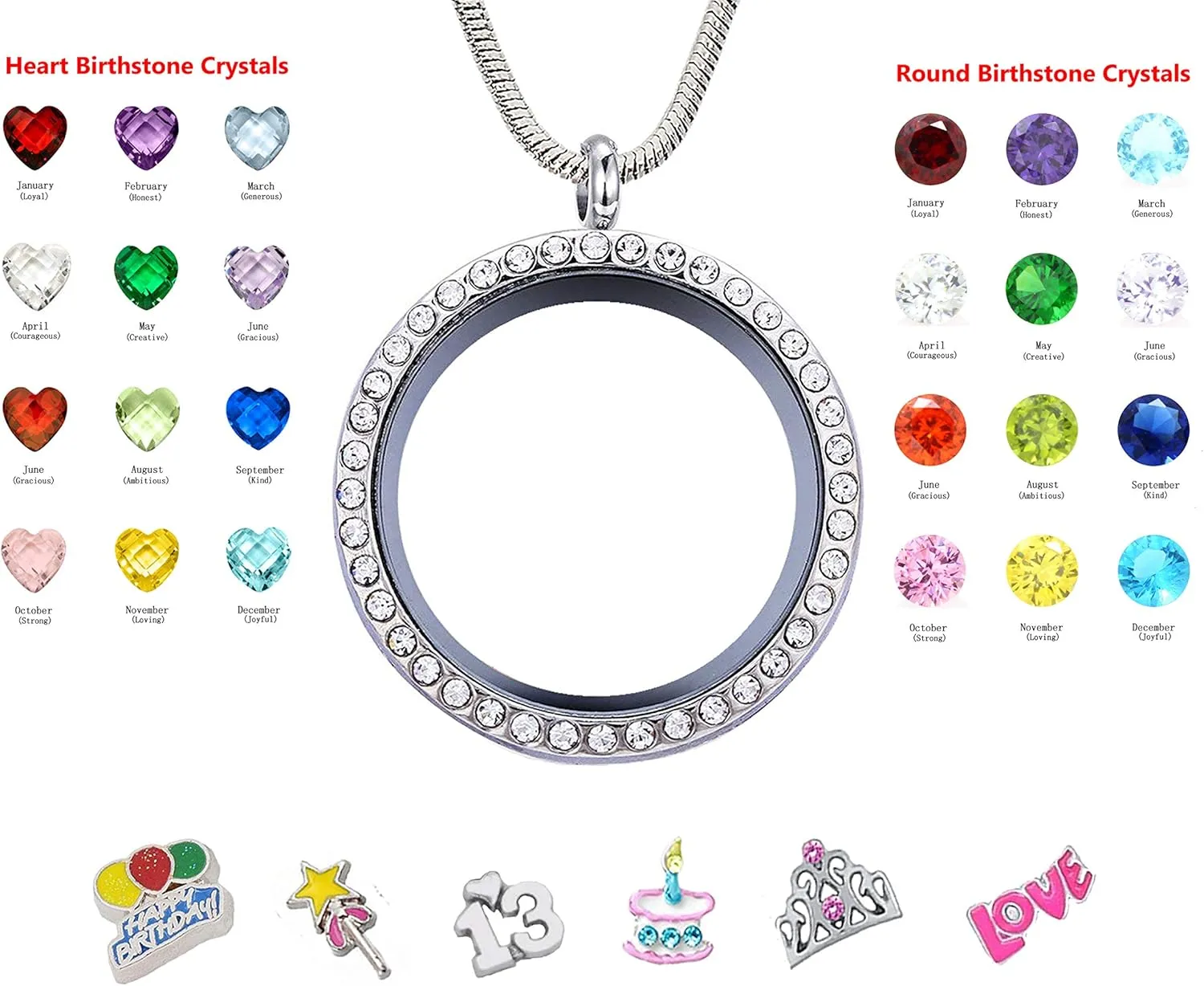Birthday Gifts for Her, Floating Living Memory Locket Necklace Pendant with Charms & Birthstones for 6th 7th 8th 9th 10th 11th 12th 13th 14th 15th Sweet 16 18th 21st 30th