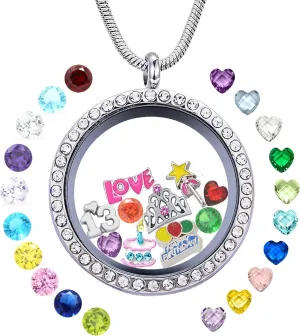 Birthday Gifts for Her, Floating Living Memory Locket Necklace Pendant with Charms & Birthstones for 6th 7th 8th 9th 10th 11th 12th 13th 14th 15th Sweet 16 18th 21st 30th