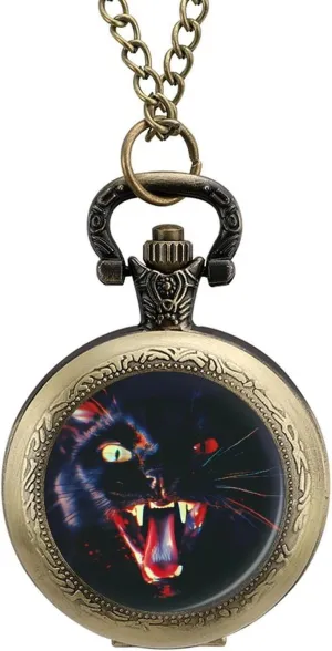 Black Cats Showing Fangs Vintage Quartz Pocket Watch with Chain Numerals Scale for Christmas Graduation Birthday Gift