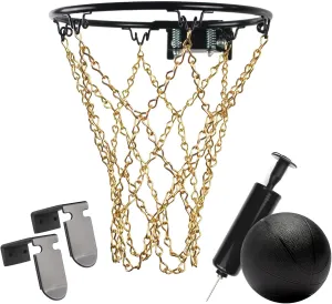 Black Mini Basketball Rim Set, Includes: Chain Net, 2 Door Hooks, Ball, Ball Pump, Screws, 9-inch Hoop with 6 Hooks