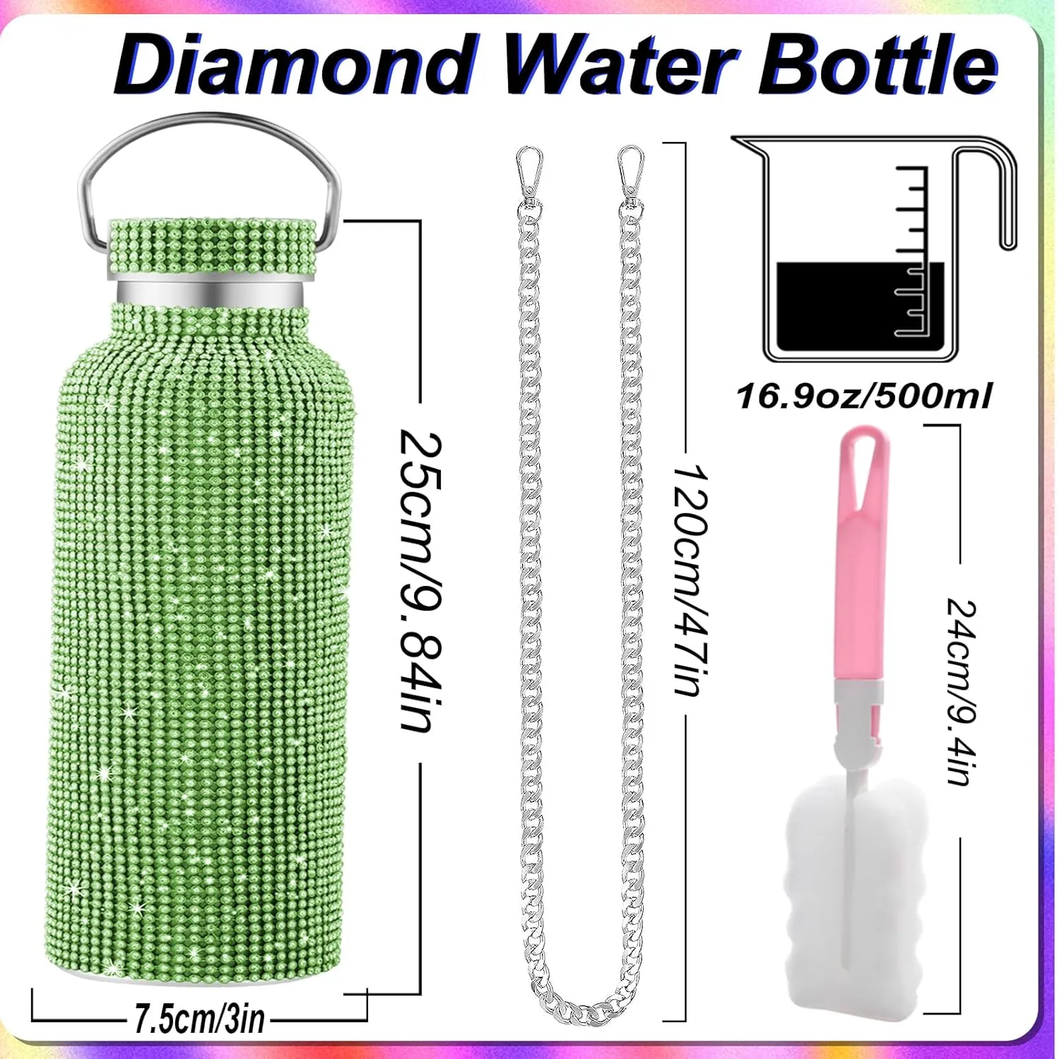 Bling Water Bottle, Rhinestone Diamond Stainless Steel Thermal Bottle, Glitter Rhinestones Cup for Women Girls, Tumblers with 2 Style Lids and 55in Chain (Green)