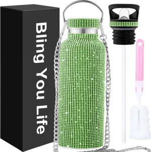 Bling Water Bottle, Rhinestone Diamond Stainless Steel Thermal Bottle, Glitter Rhinestones Cup for Women Girls, Tumblers with 2 Style Lids and 55in Chain (Green)